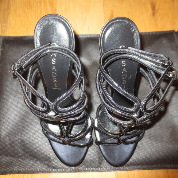 NNB CASADEI Metal Blade Heel Black Patent High Heel Strappy Sandals - Picture 12 of 13